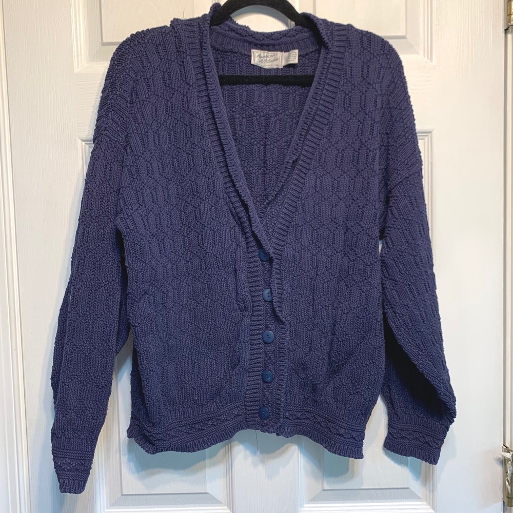 American Attitudes Cardigan Large Navy Blue Cotton Textured Grandmacore Coastal